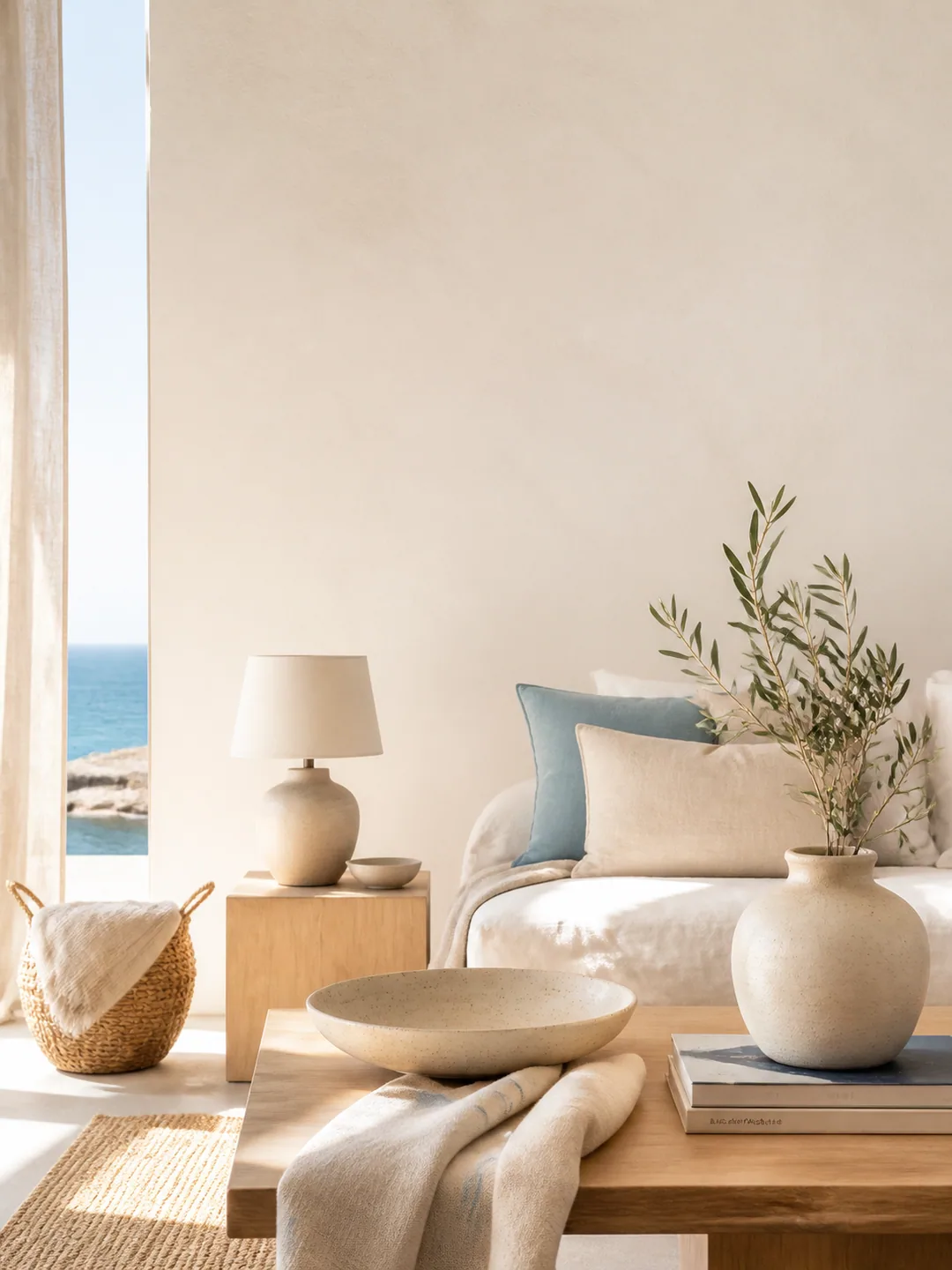 Interno mediterraneo luminoso con tessuti, ceramiche e dettagli per la casa