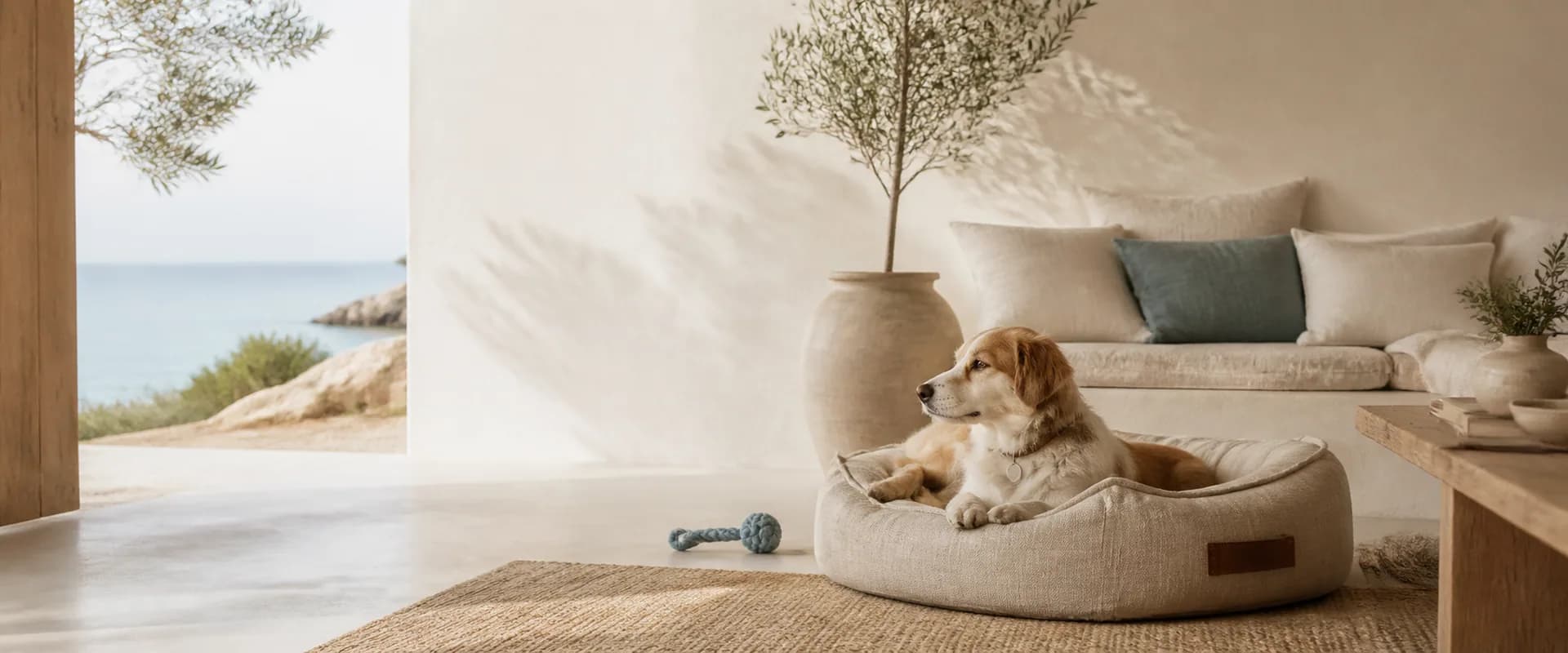 Ambiente domestico elegante con un cane tranquillo e accessori pet raffinati