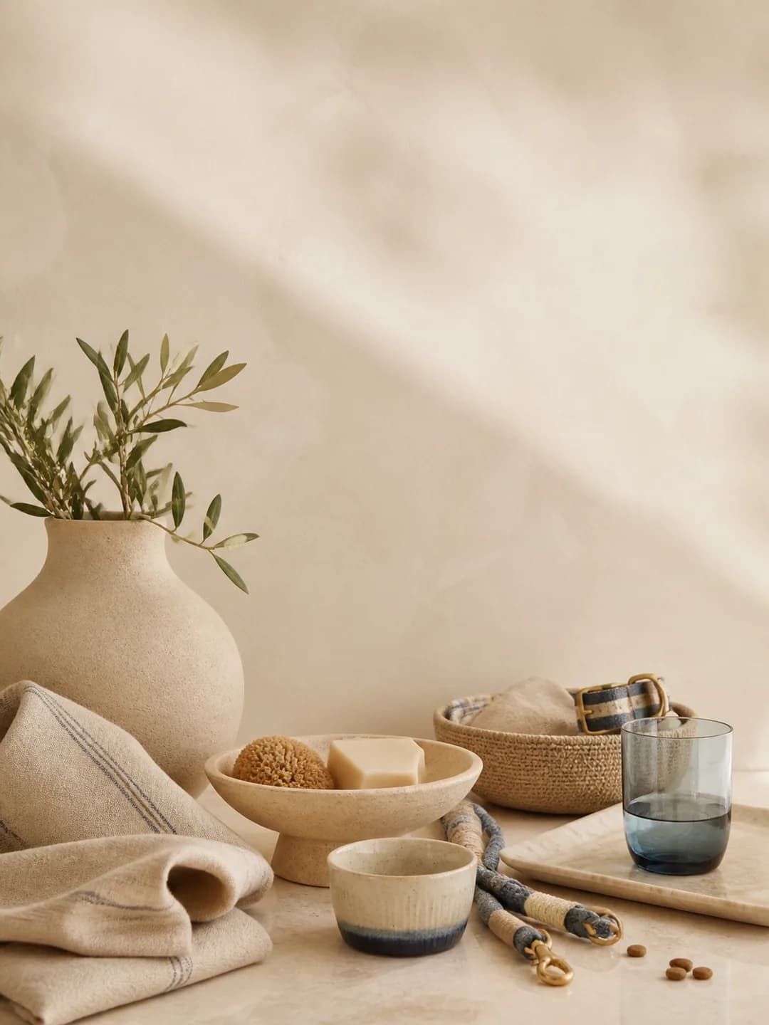 Composizione curata di oggetti casa, lifestyle e pet in luce mediterranea