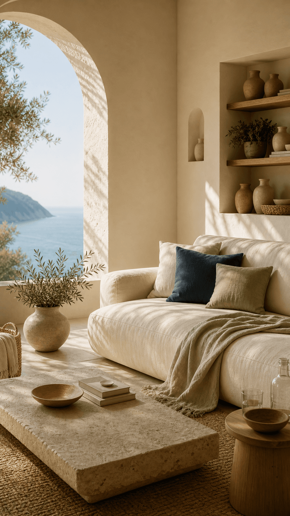 Soggiorno mediterraneo con divano chiaro, oggetti in ceramica e luce naturale