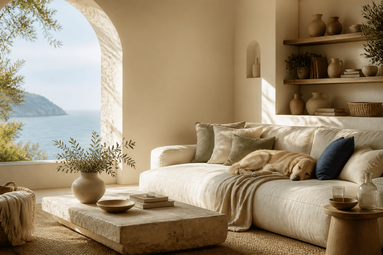 Soggiorno mediterraneo con divano chiaro, oggetti in ceramica e luce naturale