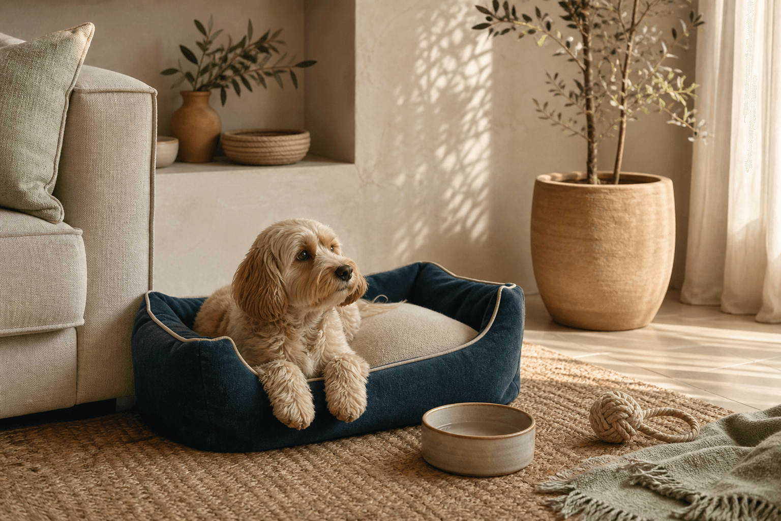 Cane in cuccia blu in un angolo casa mediterraneo con luce naturale